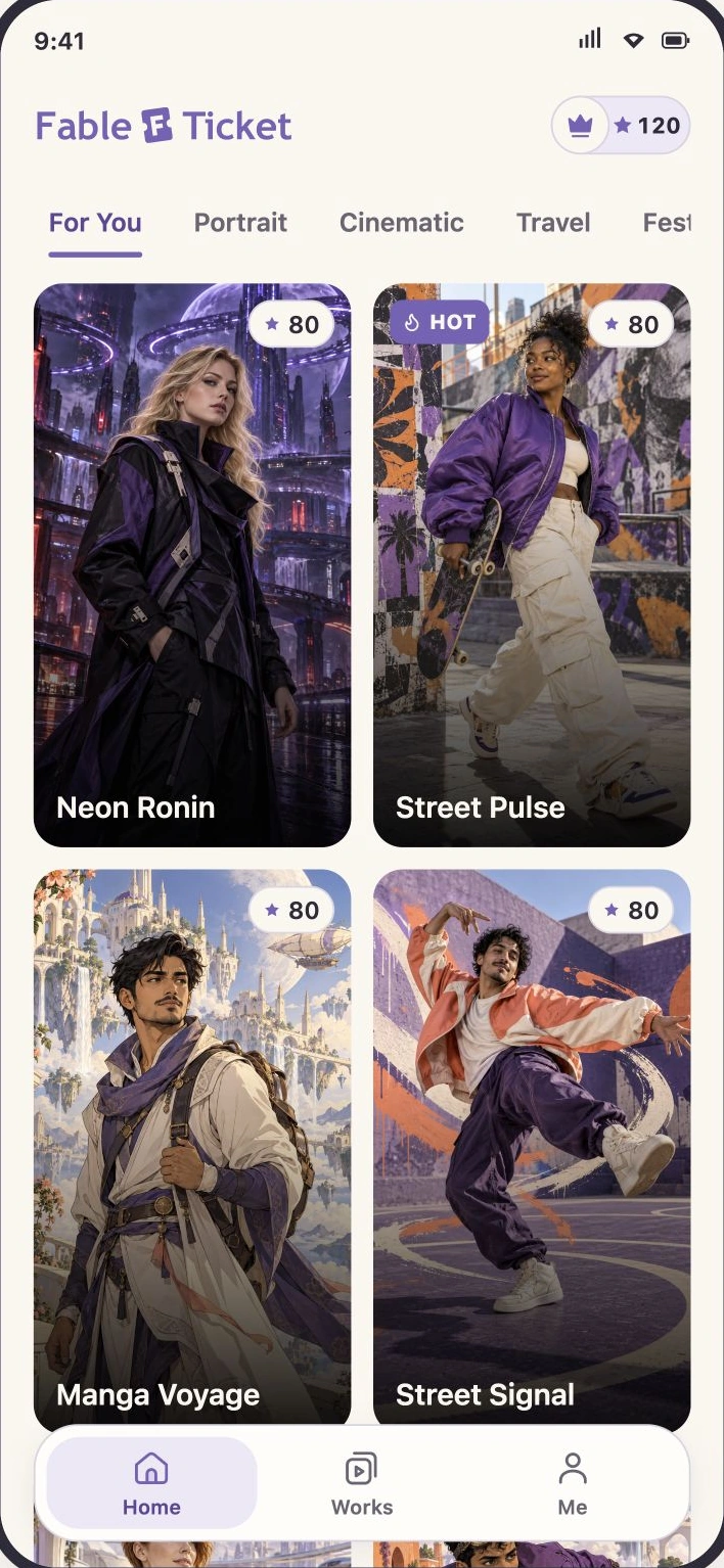 FableTicket home screen with template grid and floating navigation