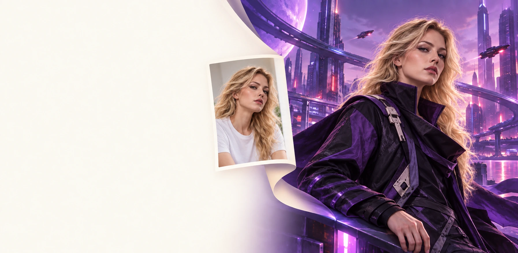 A blonde woman’s simple portrait unfolds into a futuristic, iris-lit city scene