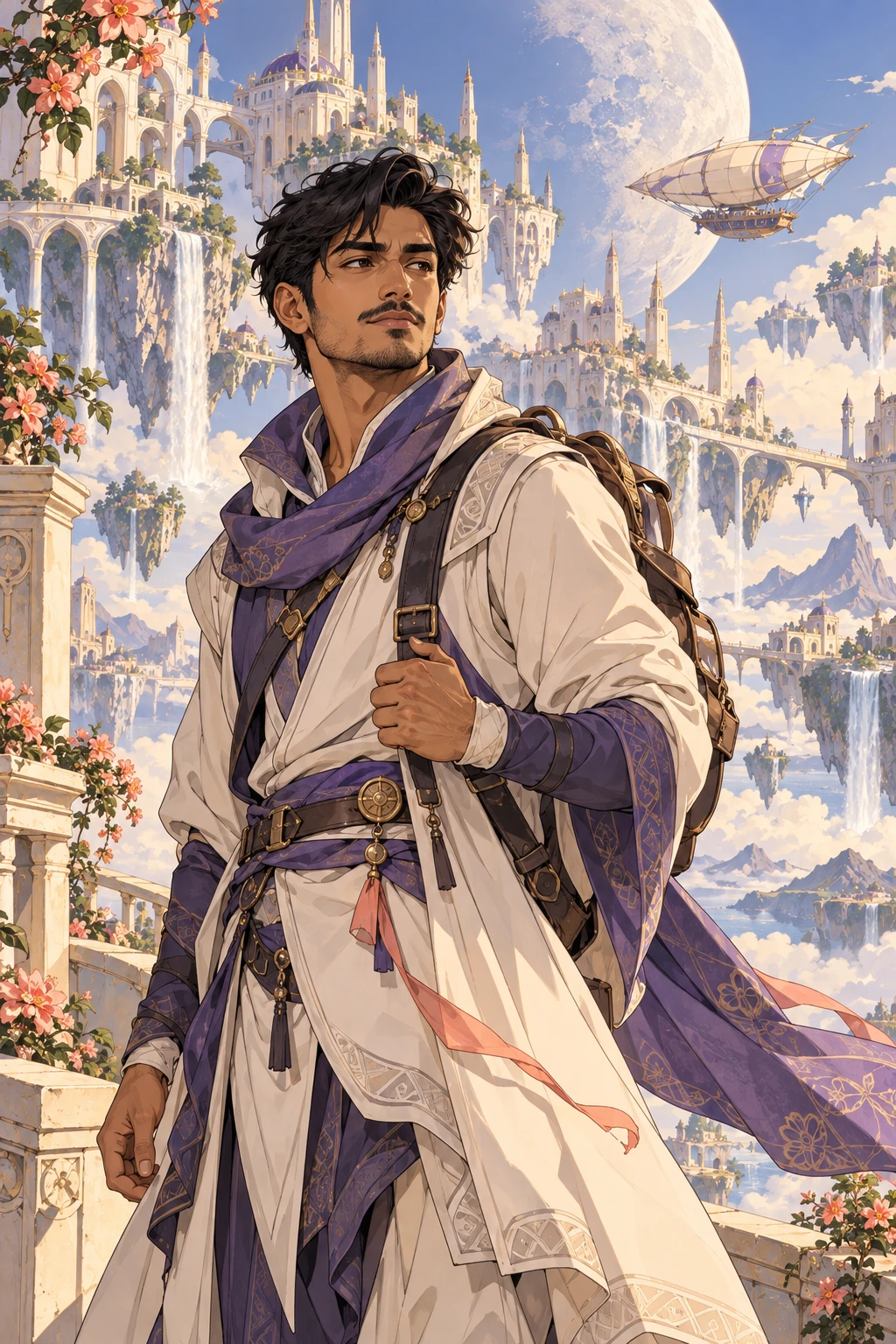 Illustrated traveler in a cream coat overlooking a floating fantasy city