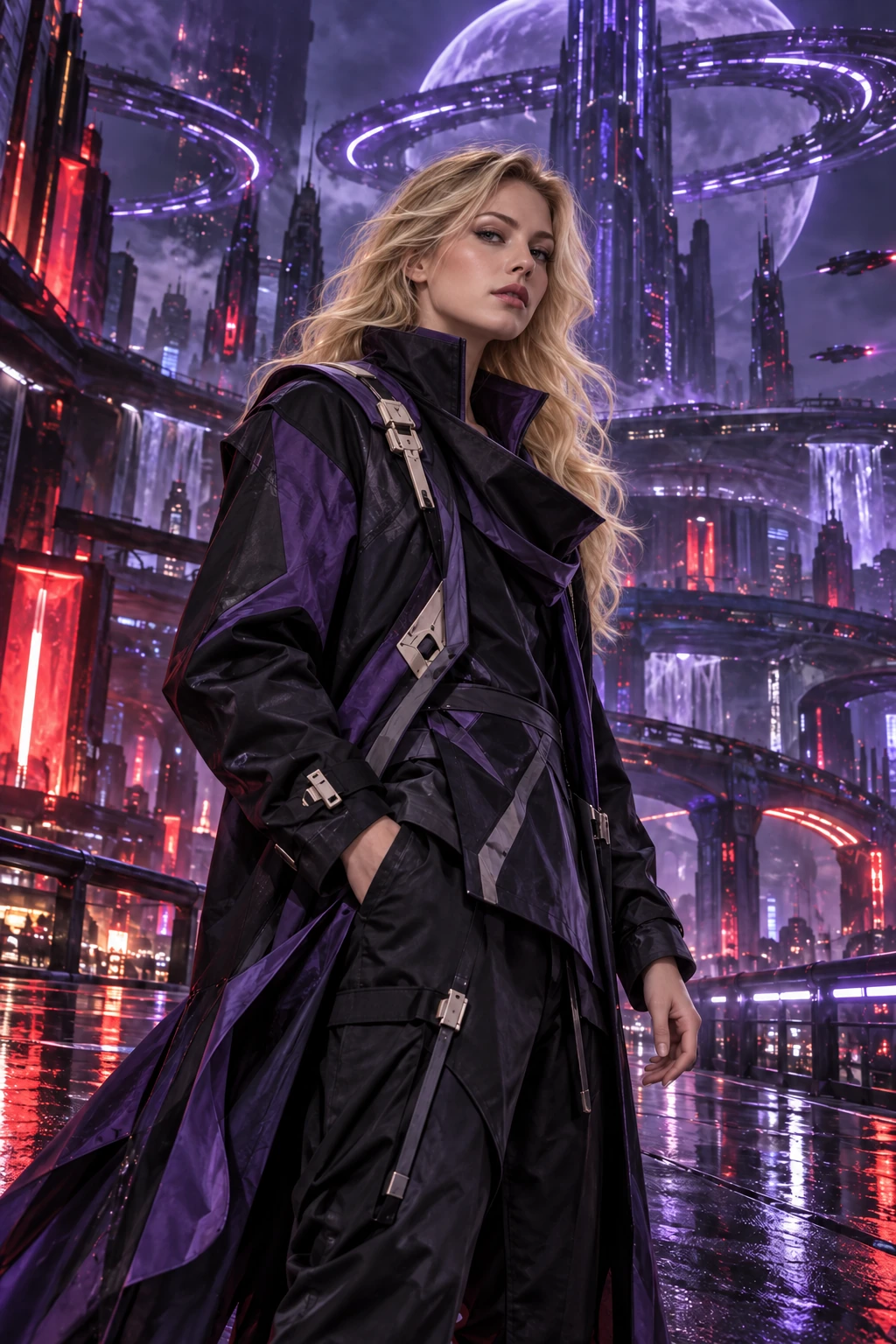 Blonde heroine in a purple futuristic coat in a neon city