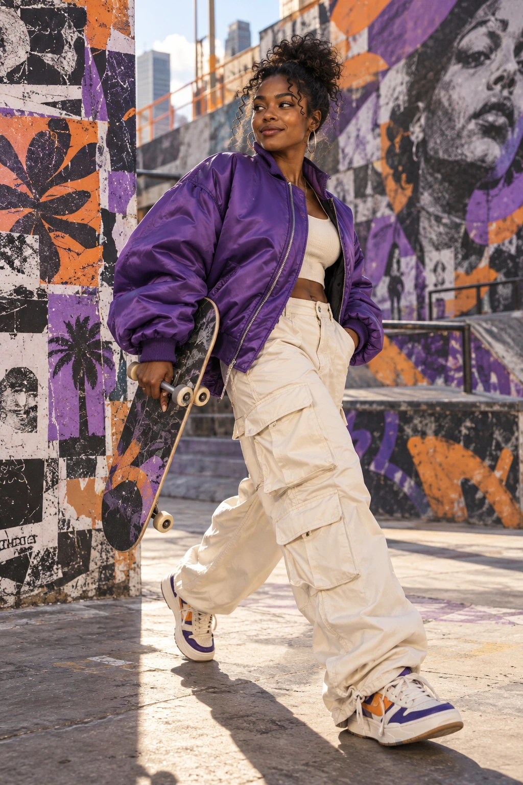 Skateboarder wearing a purple bomber in a vivid street-art scene